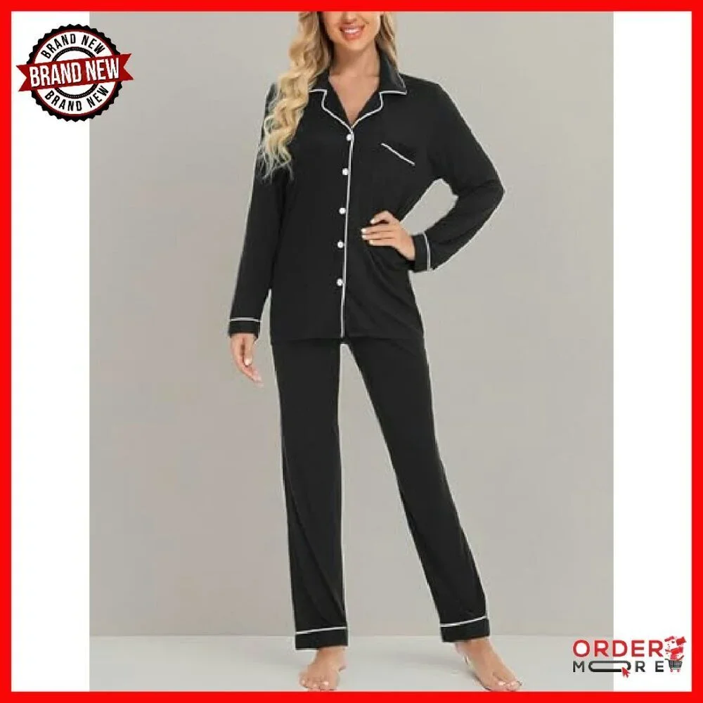 Soft Button Up Pajama Set Long Sleeve Shirt & Pants Lounge Wear